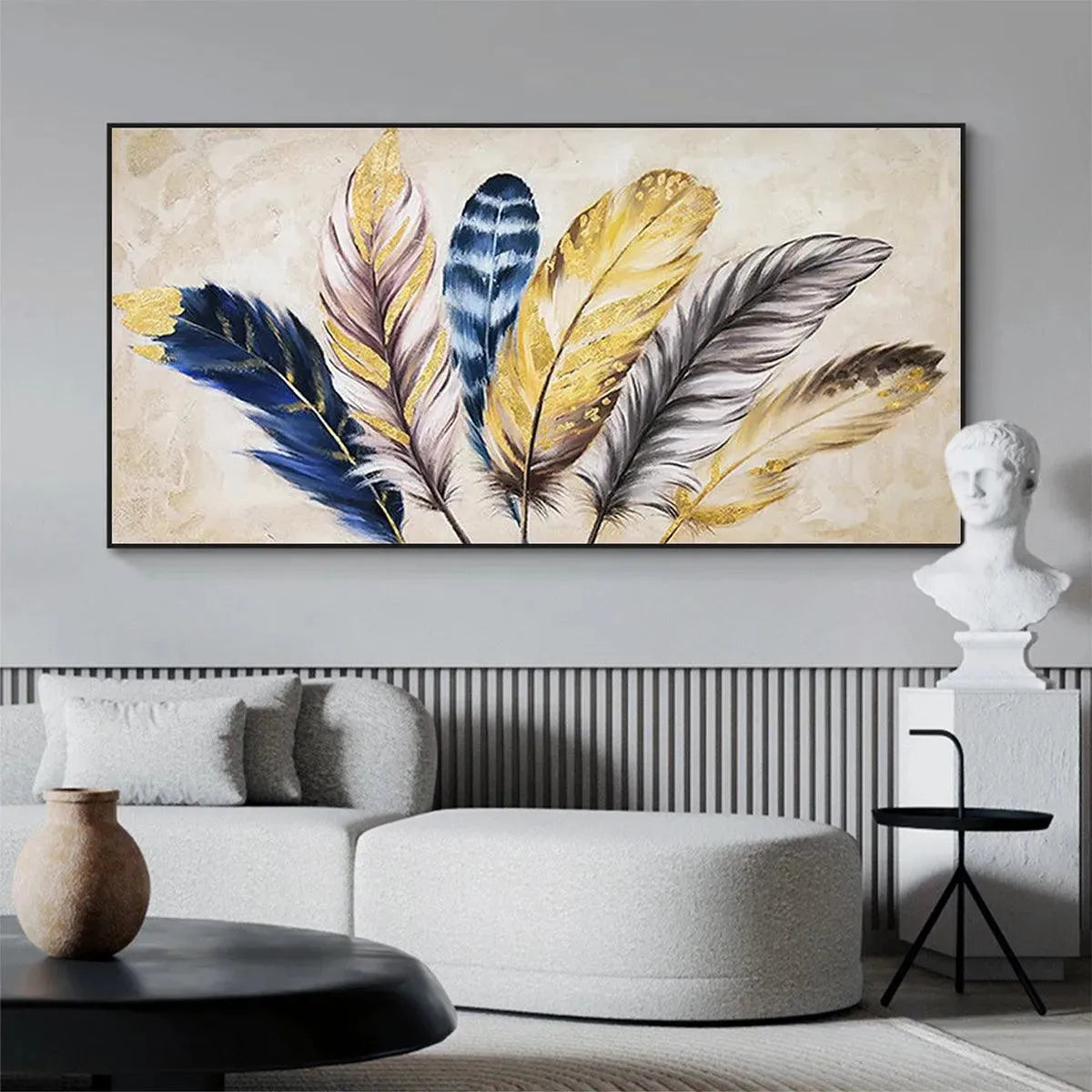 Elodie Dubois' Golden Feathers painting: elegant gold, blue, and gray feather artwork for wall decor.