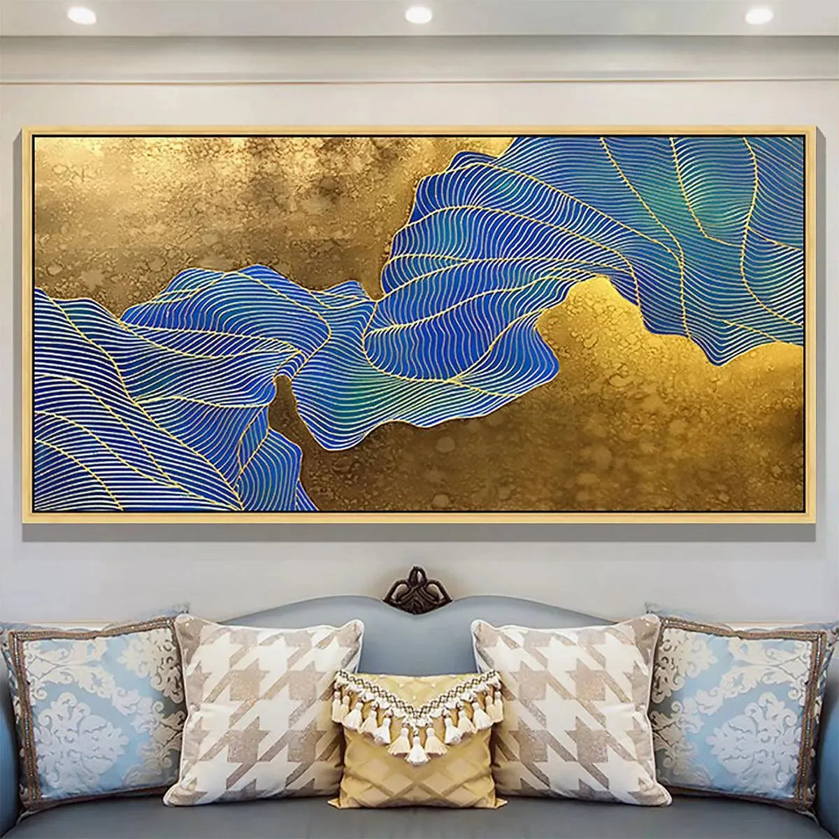 Golden Flow: Abstract Blue and Gold Oil Painting on Canvas
