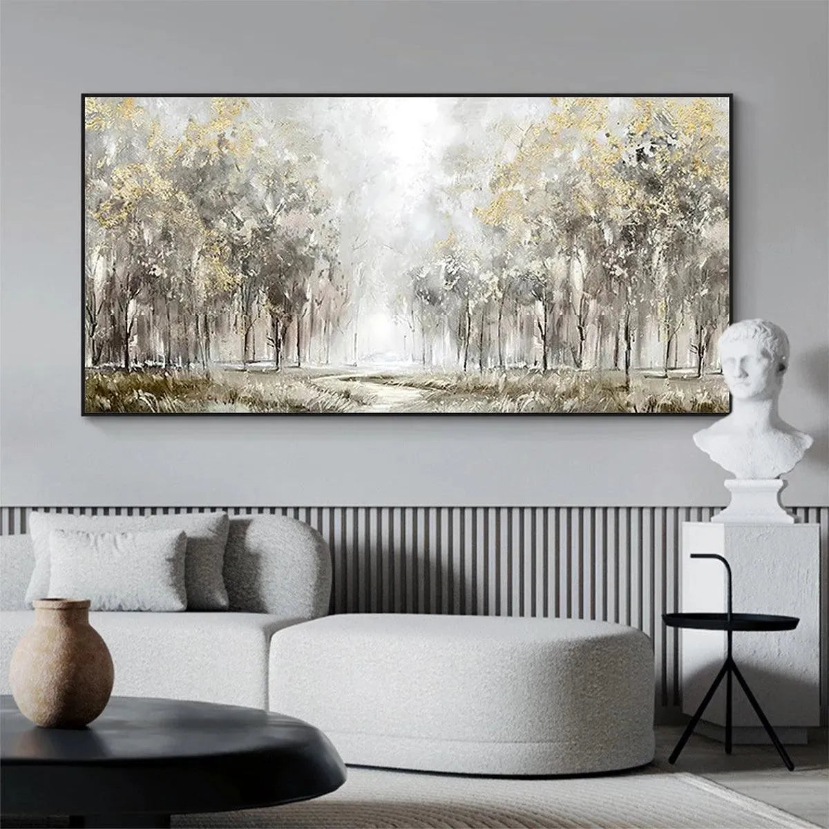 Golden Forest Path painting by Liam O'Connell, panoramic gold and grey textured forest landscape wall art, framed.