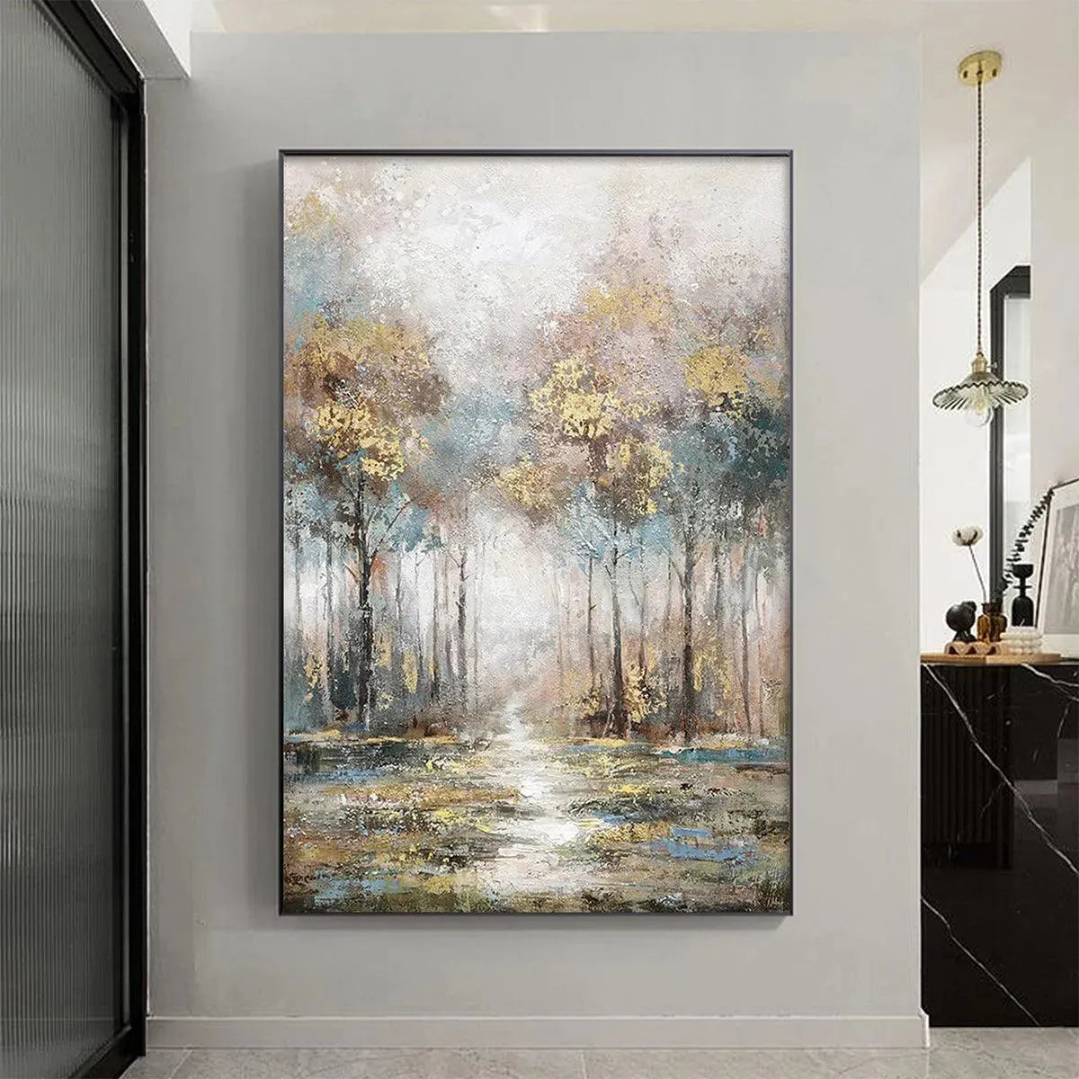 Golden Forest Path painting by Liam O'Connell: textured forest art in gold, blue and grey tones; vertical wall art.