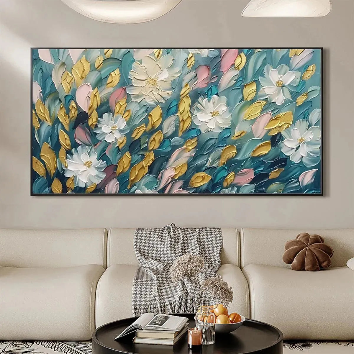 Golden Garden floral painting by Elodie Dubois with textured white flowers, gold and teal leaves, framed artwork