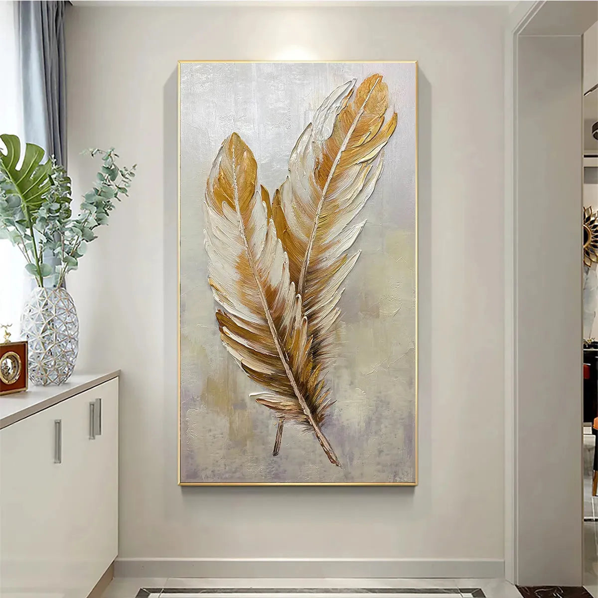 Golden Grace: Vertical Feather Painting | Gold & White | Textured Impasto | Wall Art