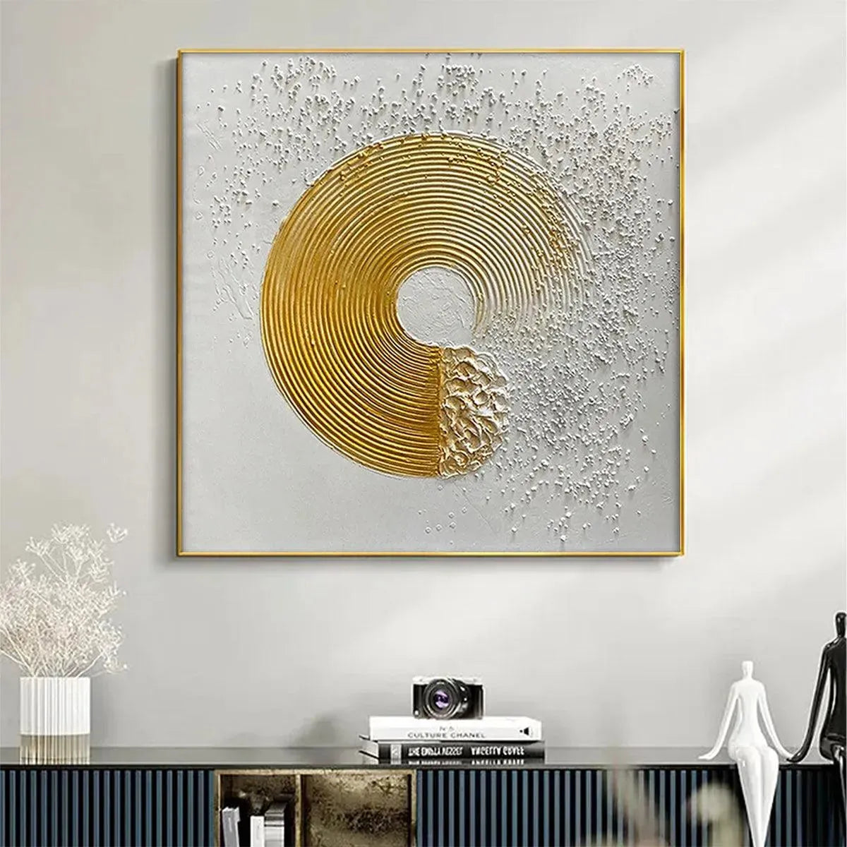 GOLDEN HARMONY abstract painting by Javier Ramirez. Gold and white textured square art for modern interior decor.