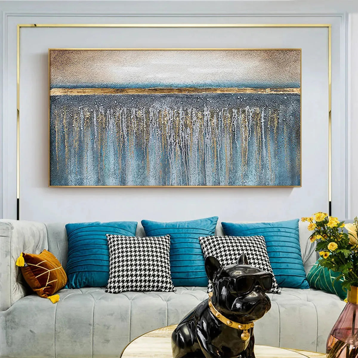 Golden Horizon: Panoramic Abstract Oil Painting with Gold and Blue on Canvas