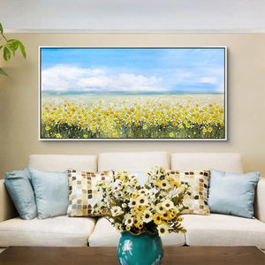 Golden Hour Bloom: Panoramic Landscape Oil Painting with Yellow Wildflowers and Blue Sky on Canvas