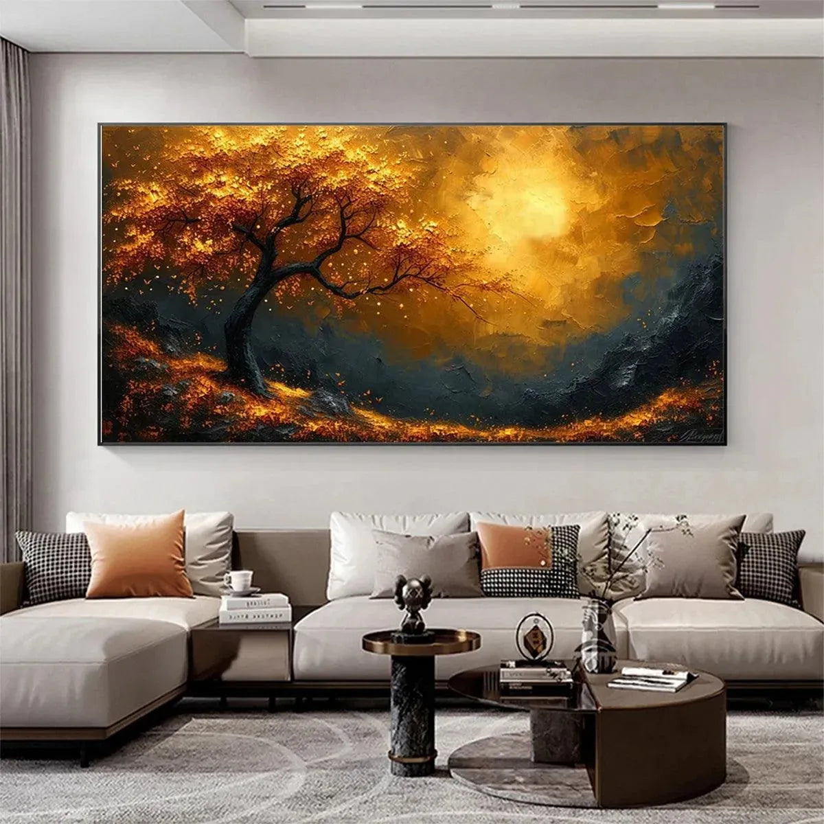 Golden Hour: Textured Tree Painting | Impasto Wall Art | Panoramic Canvas | Landscape Decor