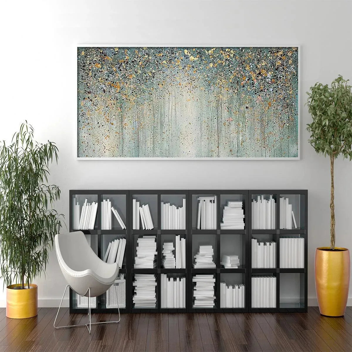 Original modern abstract wall art 'Golden Rain' by Willow Davies, green and gold texture in room setting.