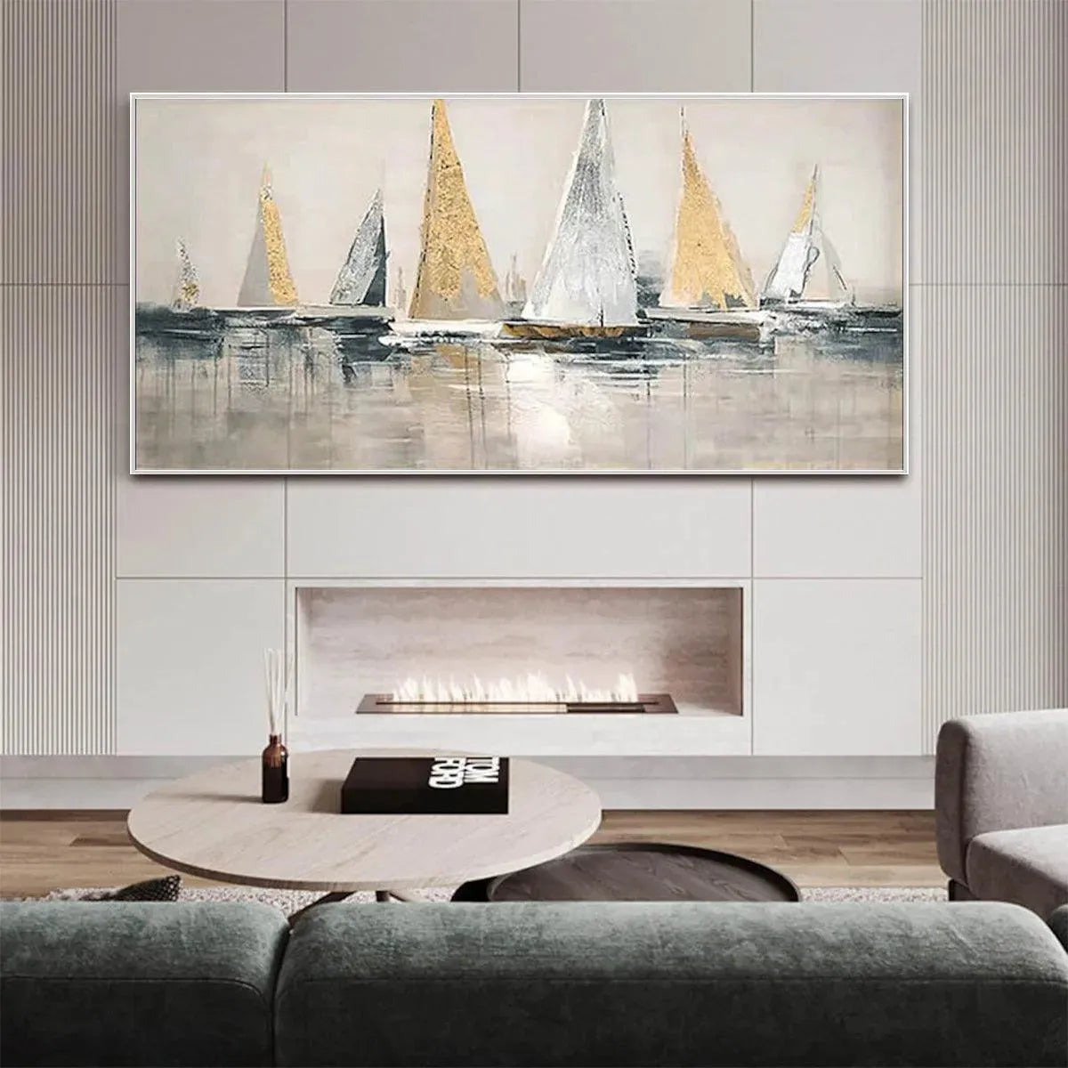 Golden Regatta: Panoramic Sailboat Painting | Gold, Silver, Beige | Living Room, Office, Hotel