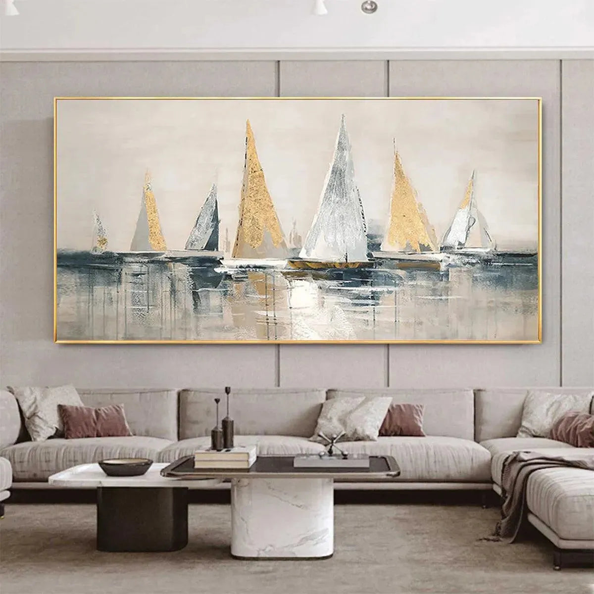 Golden Sailboats by Isabella Rossi: Gold and silver sailboat seascape painting, horizontal wall art, textured finish.