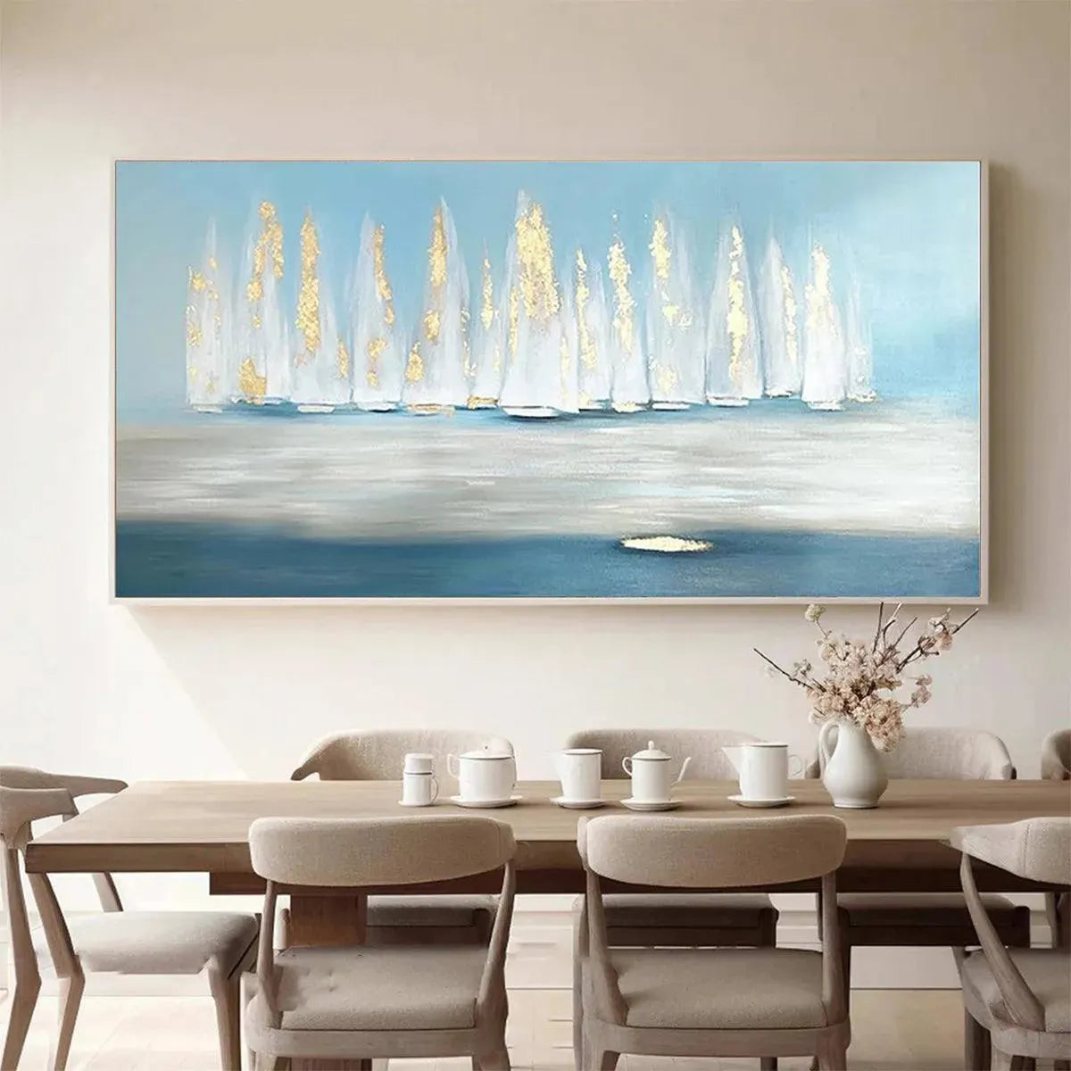 Golden Sails abstract seascape with white and gold sailboats on blue water, enhancing a modern dining room.