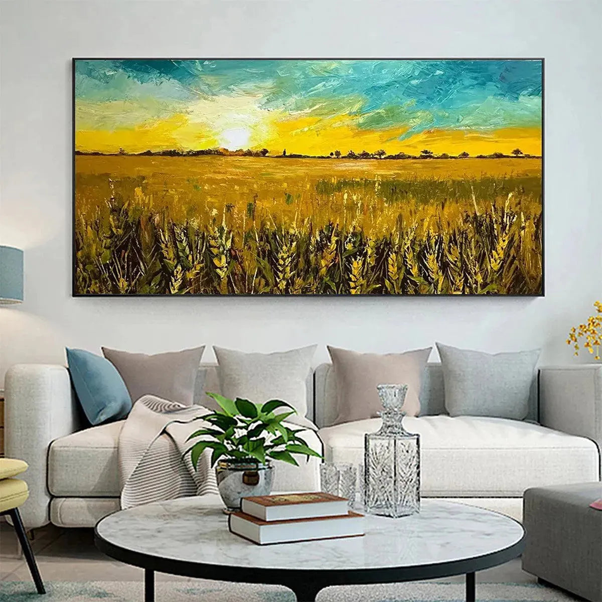 Isabella Rossi's Golden Sunset Field: Landscape painting of wheat field at sunset, framed original artwork for home decor.