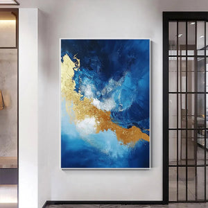 Golden Tide: Vertical Abstract Painting | Blue, Gold | Living Room, Dining Room, Hotel