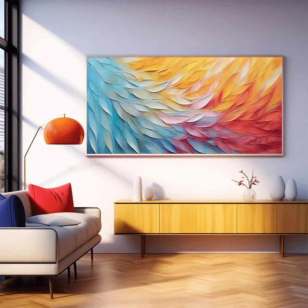 Textured impasto wall art with dynamic waves of blue, yellow, white, and red, creating a vibrant horizontal abstract painting.