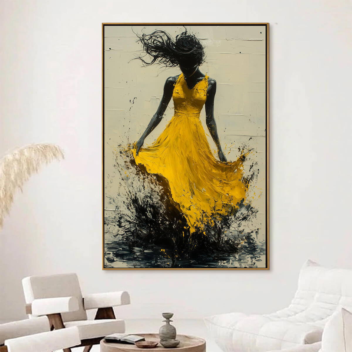 GOLDEN WHIRL: Textured Impasto Figurative Oil Painting of Woman in Yellow Dress
