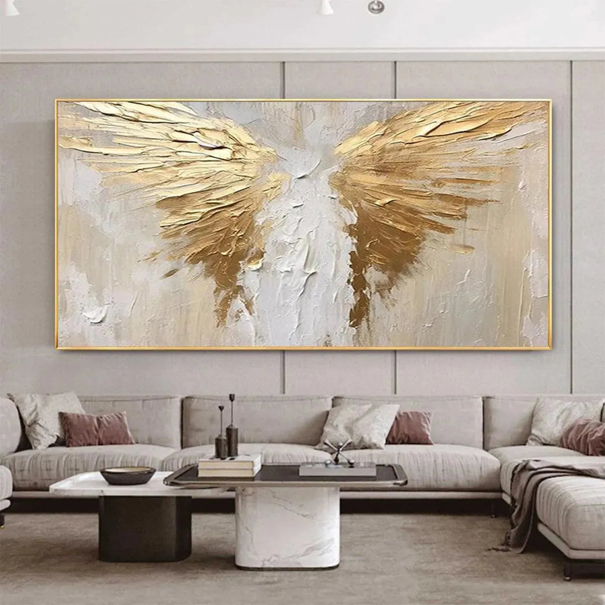 Textured abstract painting of gold wings on beige background, modern panoramic wall art in living room