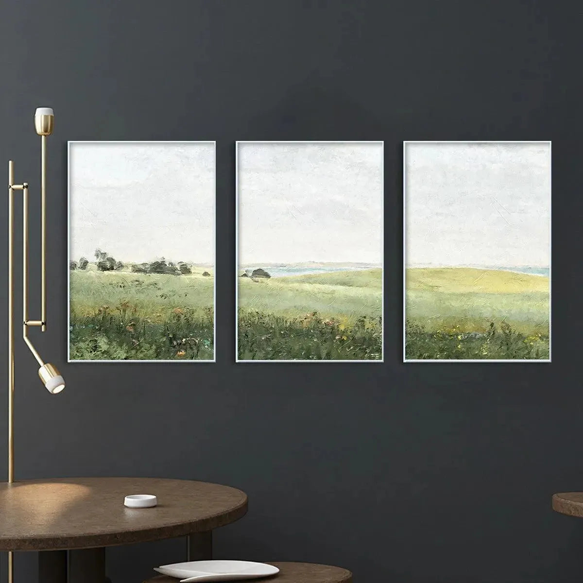 Liam O'Connell's Green Field Triptych: 3 minimalist paintings of textured green fields, set in a modern interior.