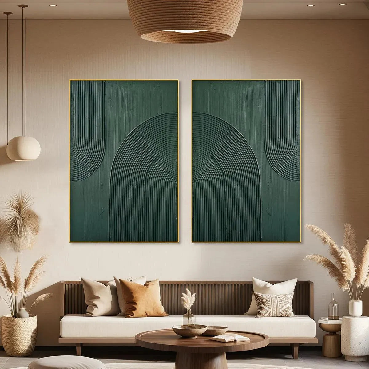 Green Textured Arches Diptych: abstract textured art set over sofa, gold frame, 2 square paintings