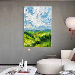 Green Valley Vista: Textured Landscape Painting | Impasto Wall Art | Vertical Canvas | Nature Decor