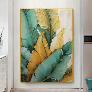 Green and Yellow Tropical Leaf Oil Painting - Hand-Painted Wall Art Decor