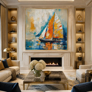 HARBOR CARNIVAL: Colorful Sailboat Coastal Painting