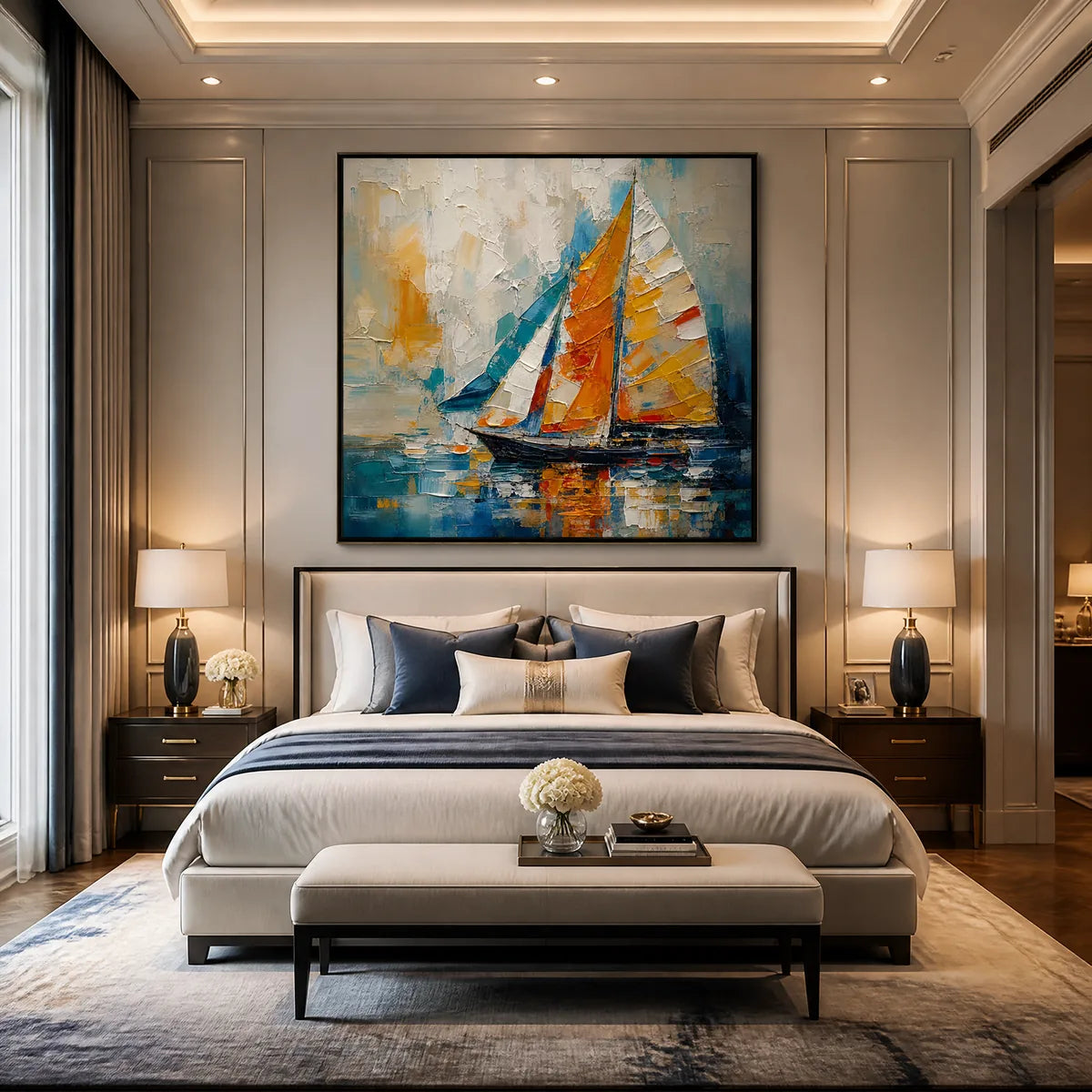HARBOR CARNIVAL: Colorful Sailboat Coastal Painting