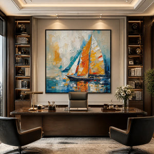 HARBOR CARNIVAL: Colorful Sailboat Coastal Painting