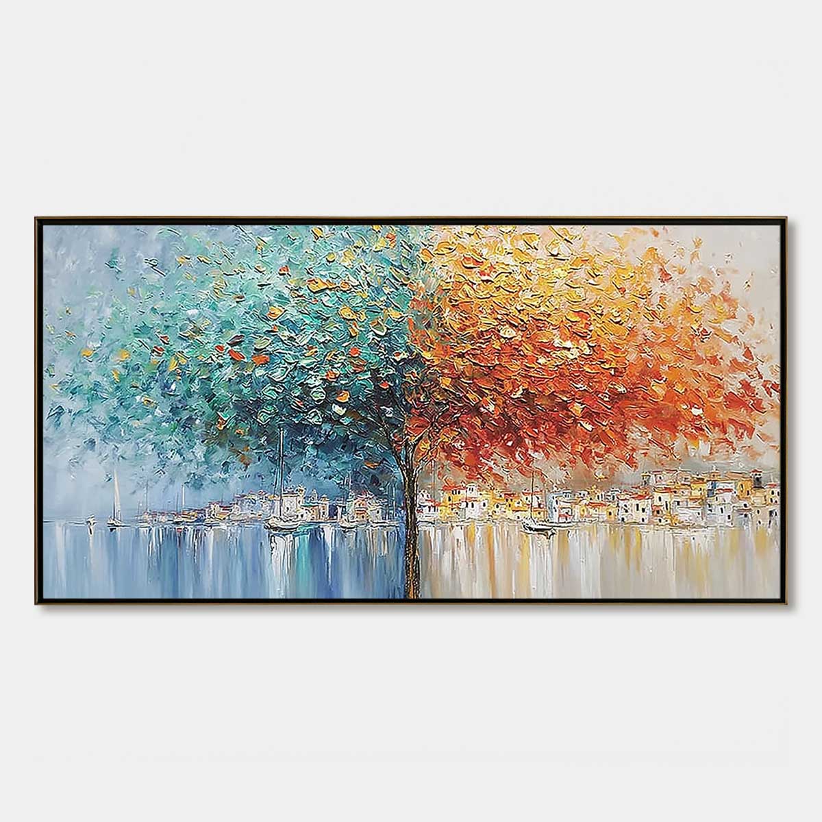 HARBOR OF HUES: Textured Palette Knife Painting of a Coastal Town