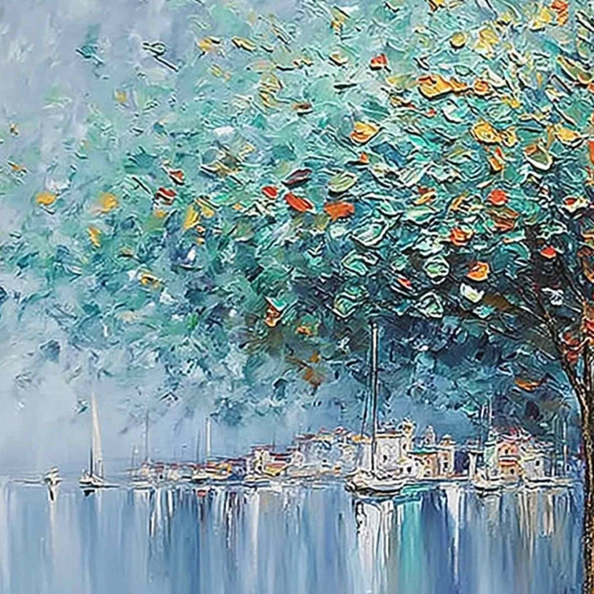 HARBOR OF HUES: Textured Palette Knife Painting of a Coastal Town