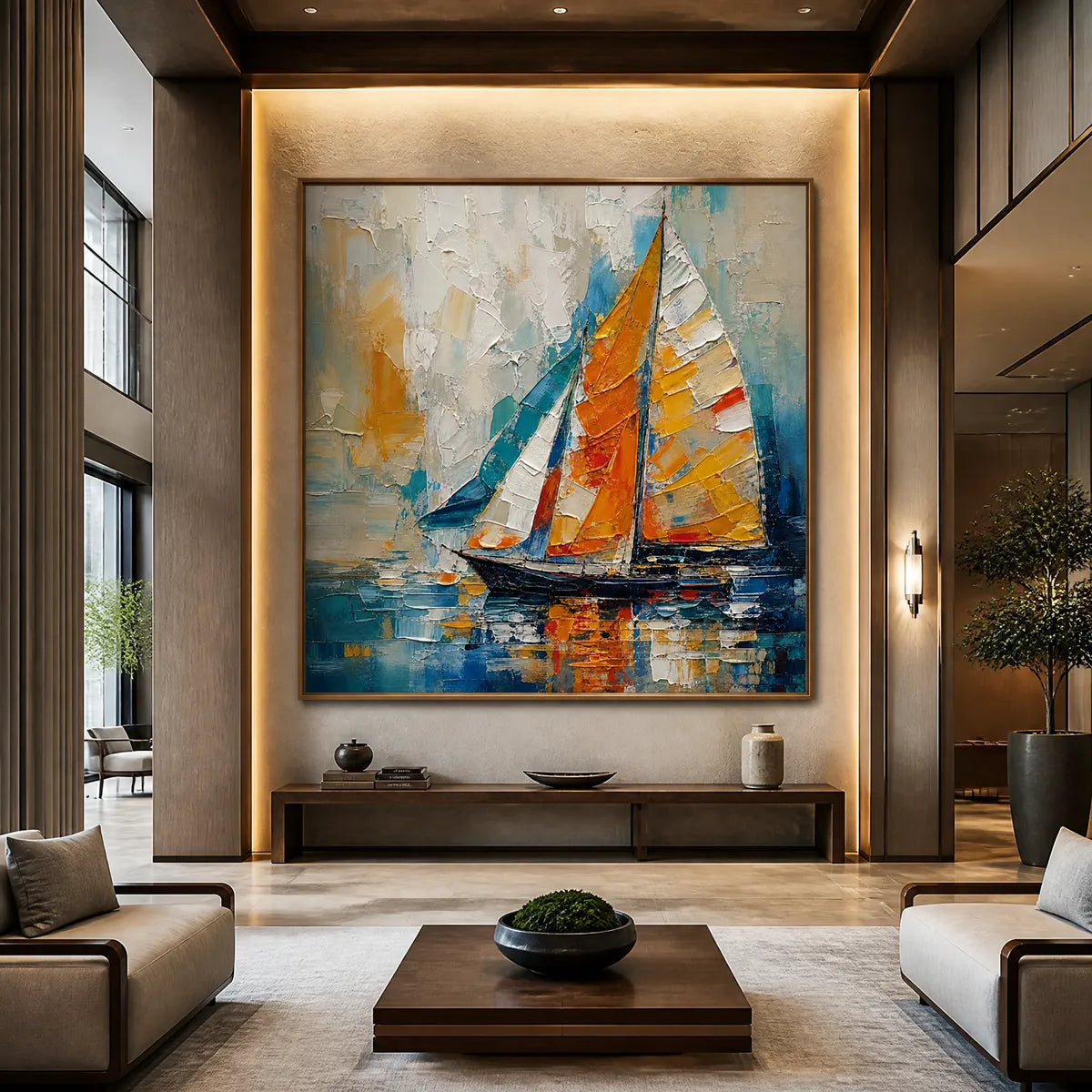 Colorful sailboat abstract coastal wall art in a wood frame displayed in a luxury hotel lobby.
