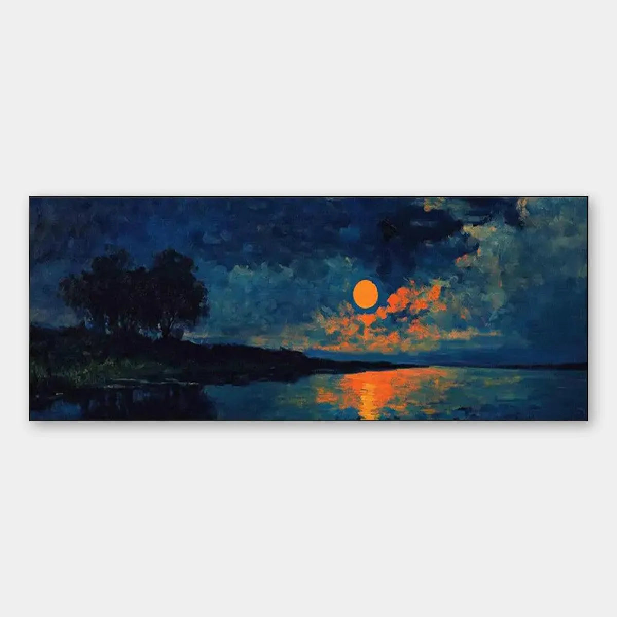 Landscape Painting, Panoramic Wall Art, Moonlit Lake Decor