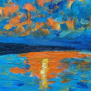 HARVEST MOON OVER THE LAKE PANORAMIC: Landscape Painting, Panoramic Wall Art, Moonlit Lake Decor