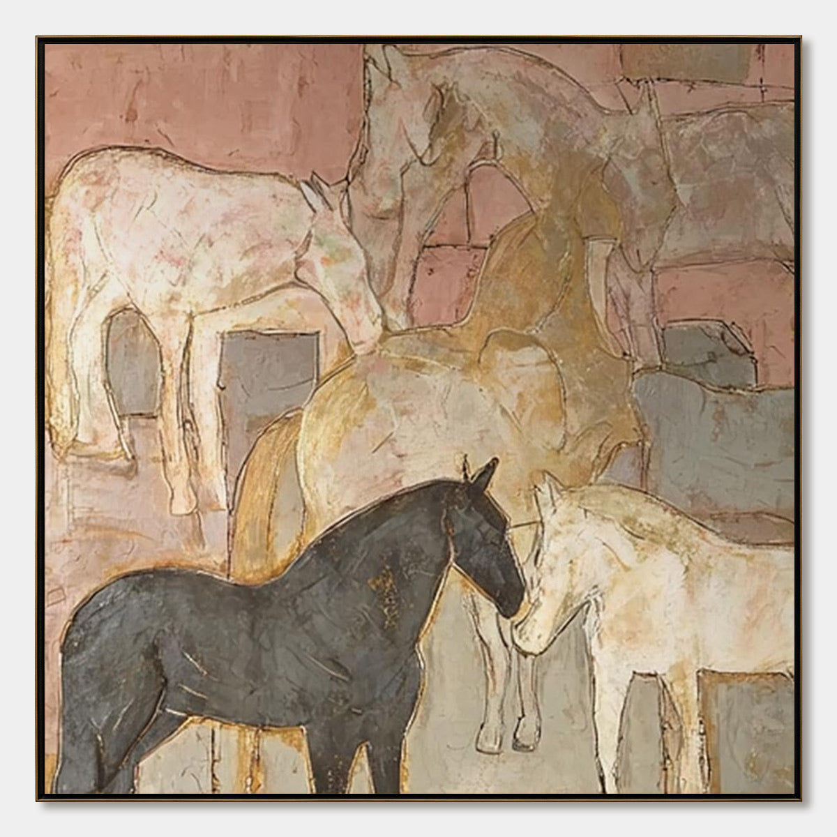 Herd Whispers oil painting – textured horse figurative wall art