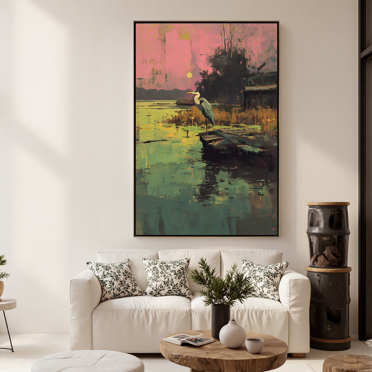 HERON'S REPOSE: Expressive Vertical Wildlife Painting of a Heron at Sunset