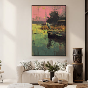 HERON'S REPOSE: Expressive Vertical Wildlife Painting of a Heron at Sunset