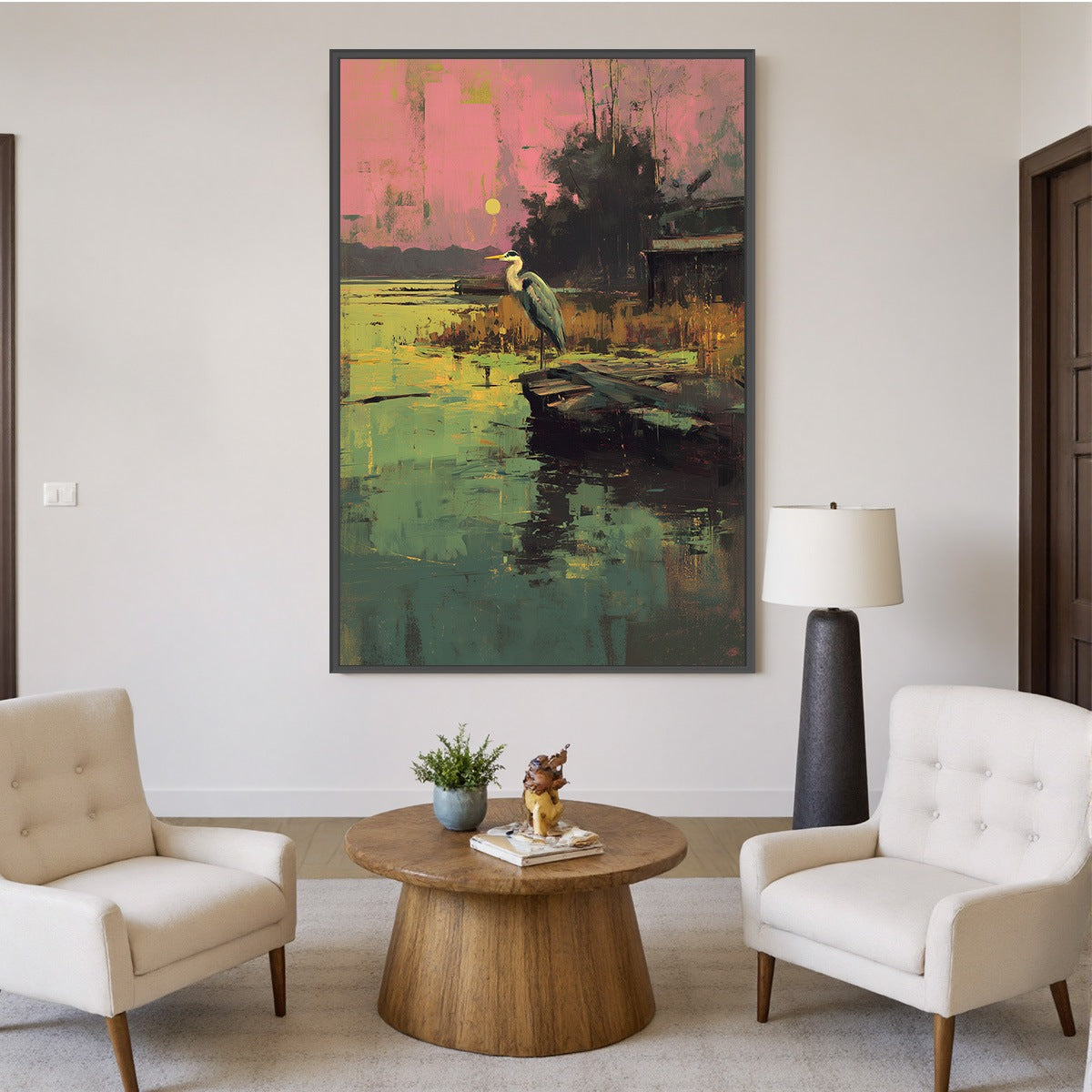 HERON'S REPOSE: Expressive Vertical Wildlife Painting of a Heron at Sunset