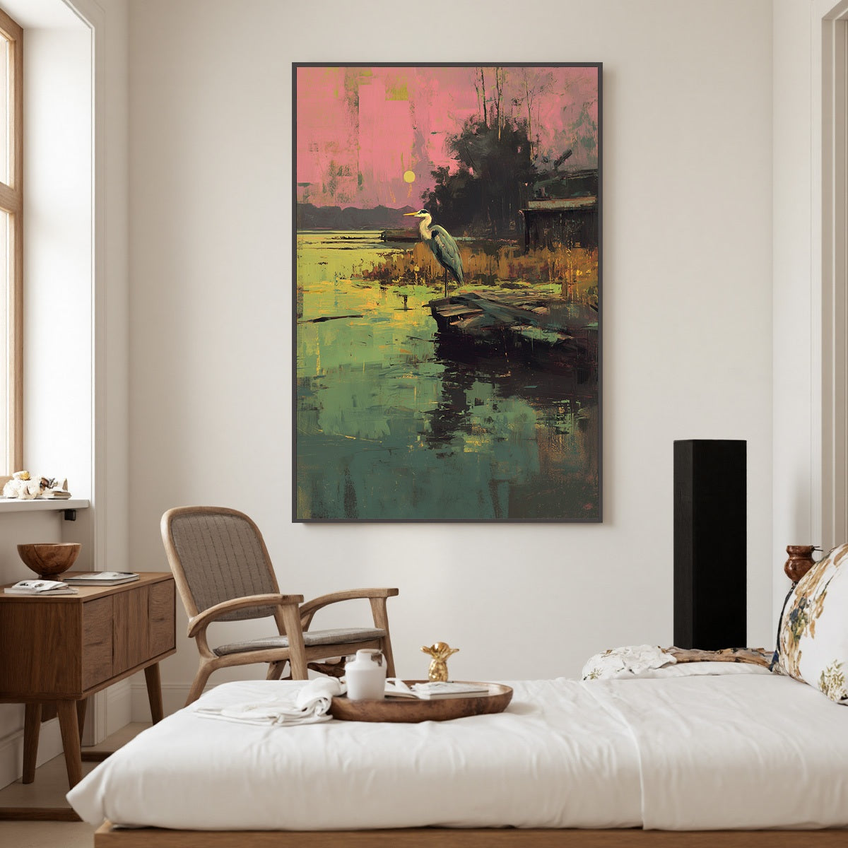 HERON'S REPOSE: Expressive Vertical Wildlife Painting of a Heron at Sunset