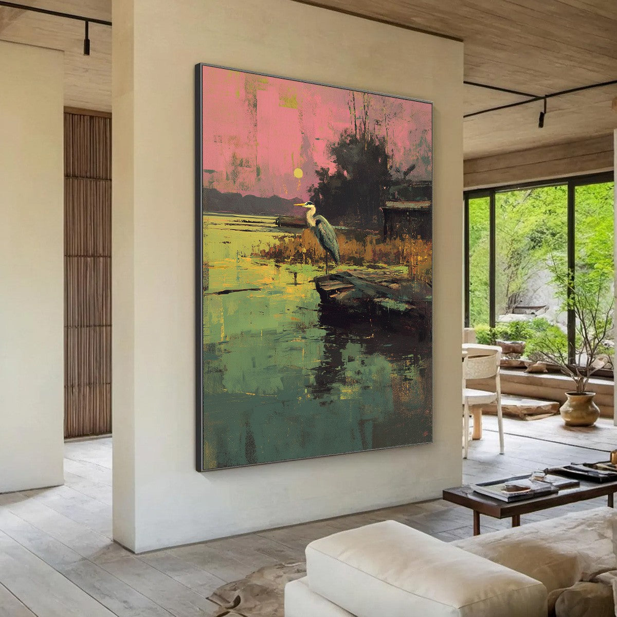 HERON'S REPOSE: Expressive Vertical Wildlife Painting of a Heron at Sunset