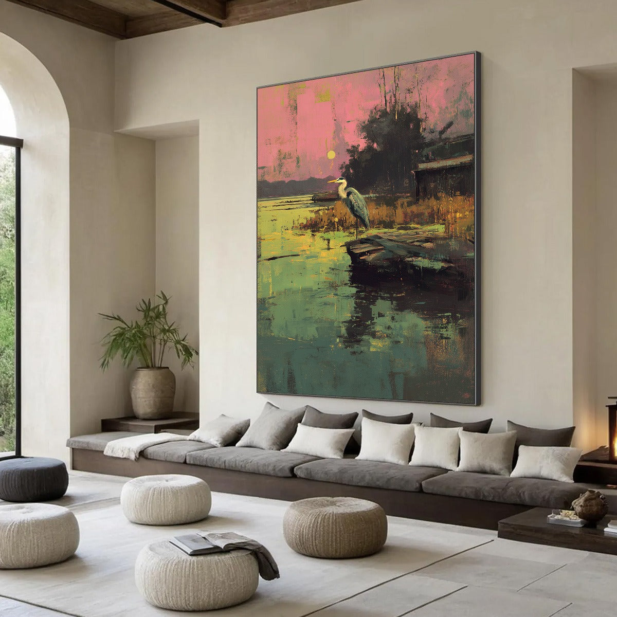 HERON'S REPOSE: Expressive Vertical Wildlife Painting of a Heron at Sunset