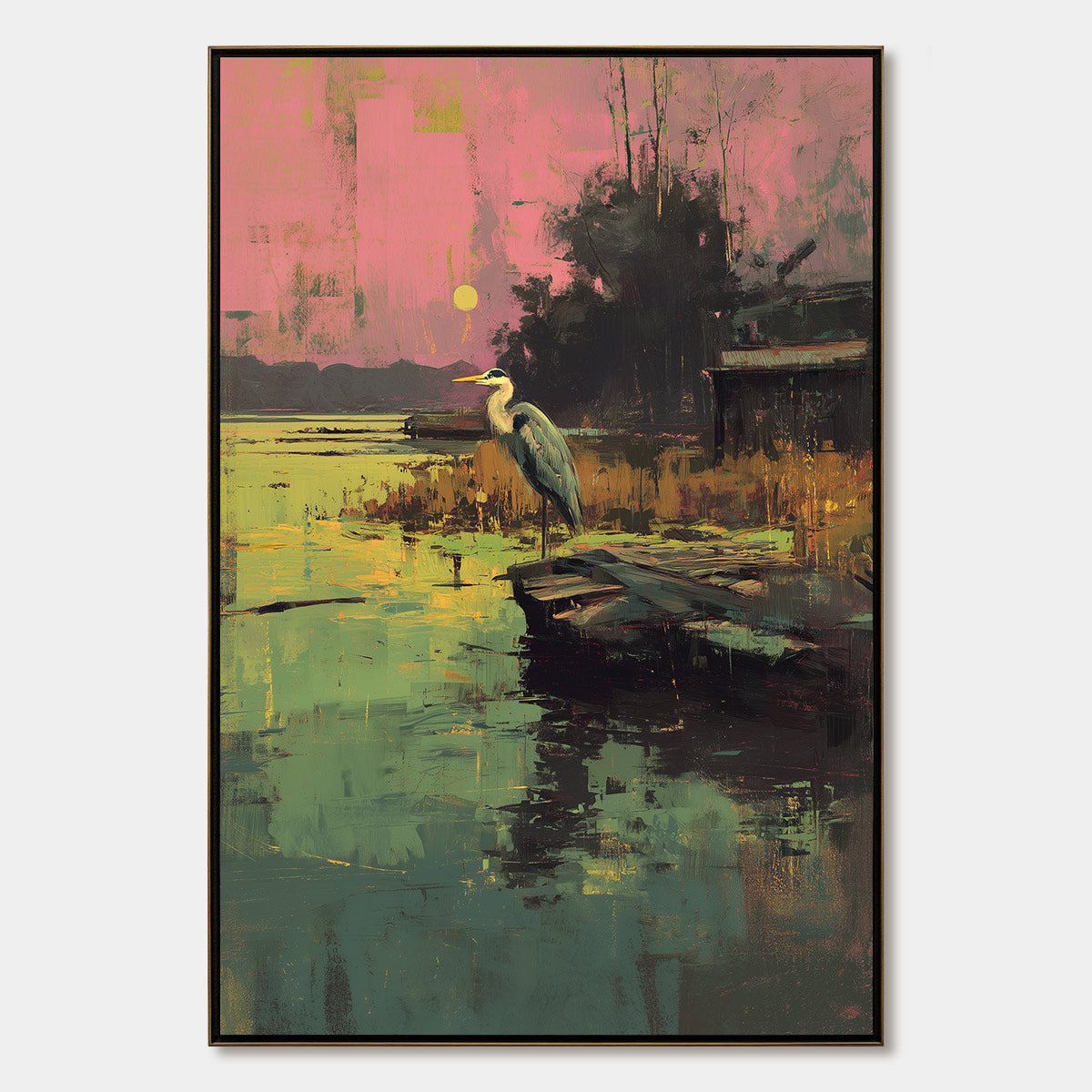 HERON'S REPOSE: Expressive Vertical Wildlife Painting of a Heron at Sunset
