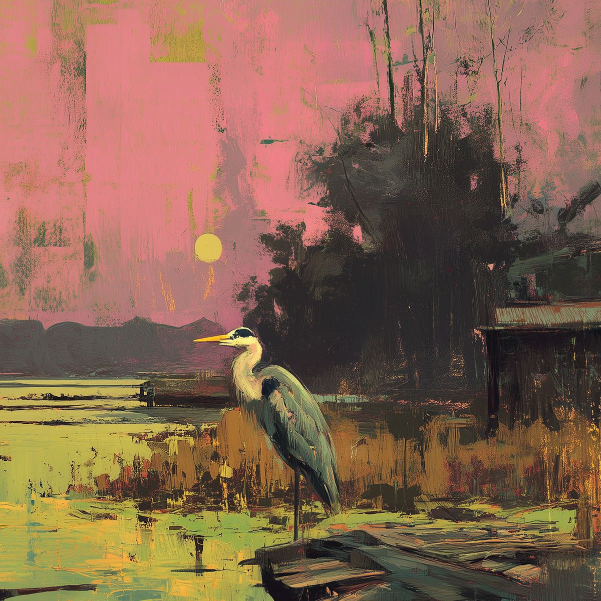 HERON'S REPOSE: Expressive Vertical Wildlife Painting of a Heron at Sunset