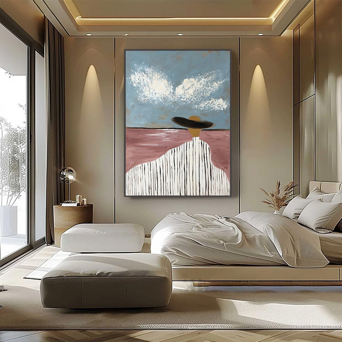 HORIZON GAZE: Minimalist Figurative Painting of Woman on Beach