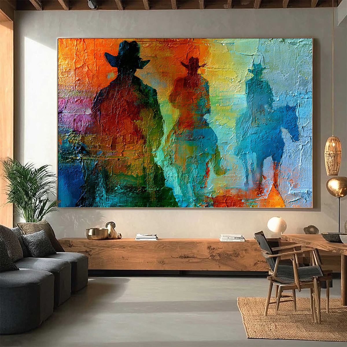 HORIZON RIDERS: Textured Abstract Western Painting of Riders on Horseback
