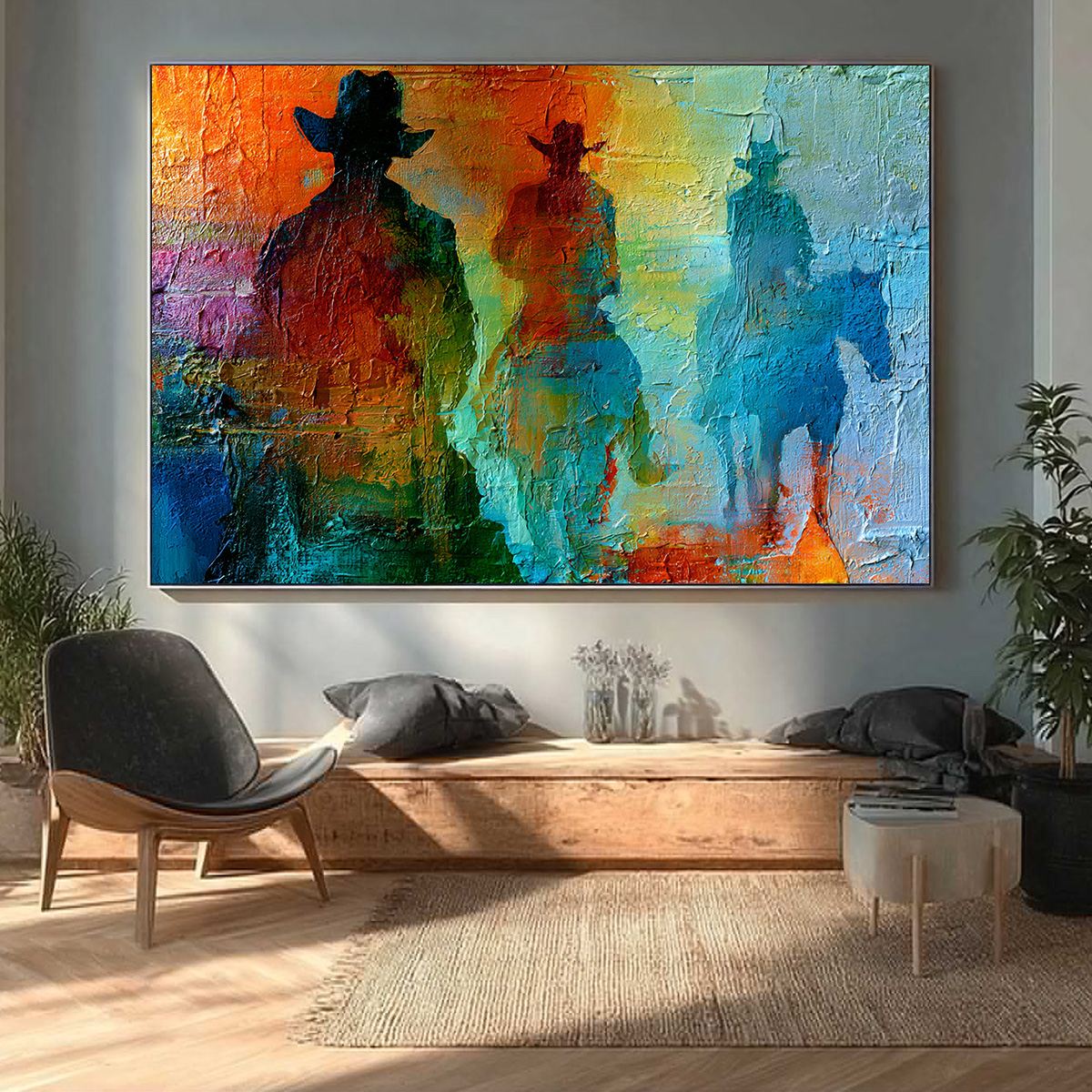 HORIZON RIDERS: Textured Abstract Western Painting of Riders on Horseback