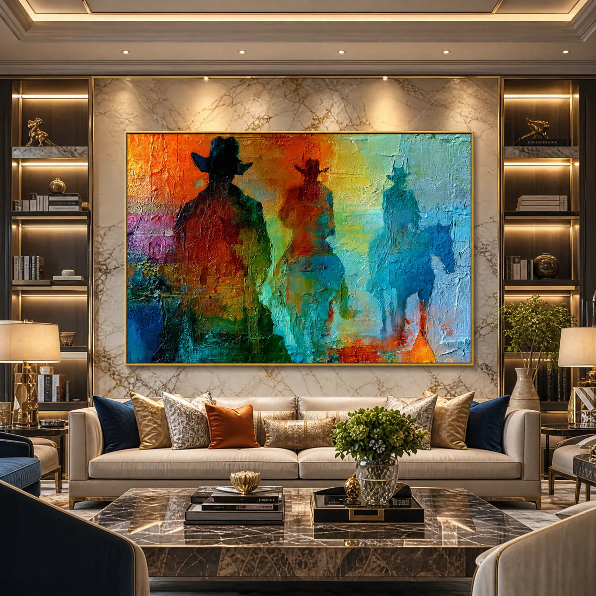 Textured abstract western painting of three horseback riders in vibrant multicolor tones
