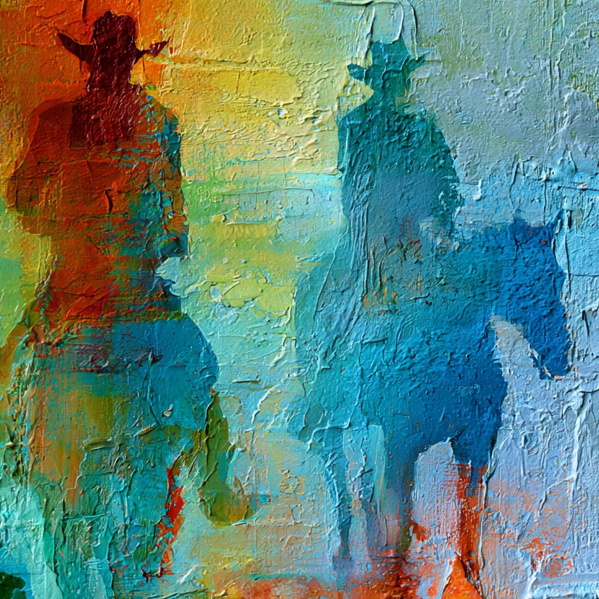 HORIZON RIDERS: Textured Abstract Western Painting of Riders on Horseback