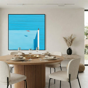 Original minimalist blue seascape painting 'Horizon's Edge' with seated and swimming figures.