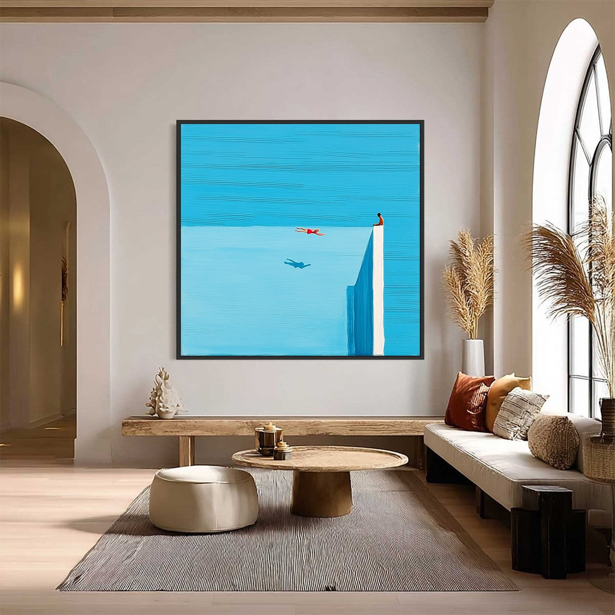 Original minimalist blue seascape painting with figures, modern abstract wall art.