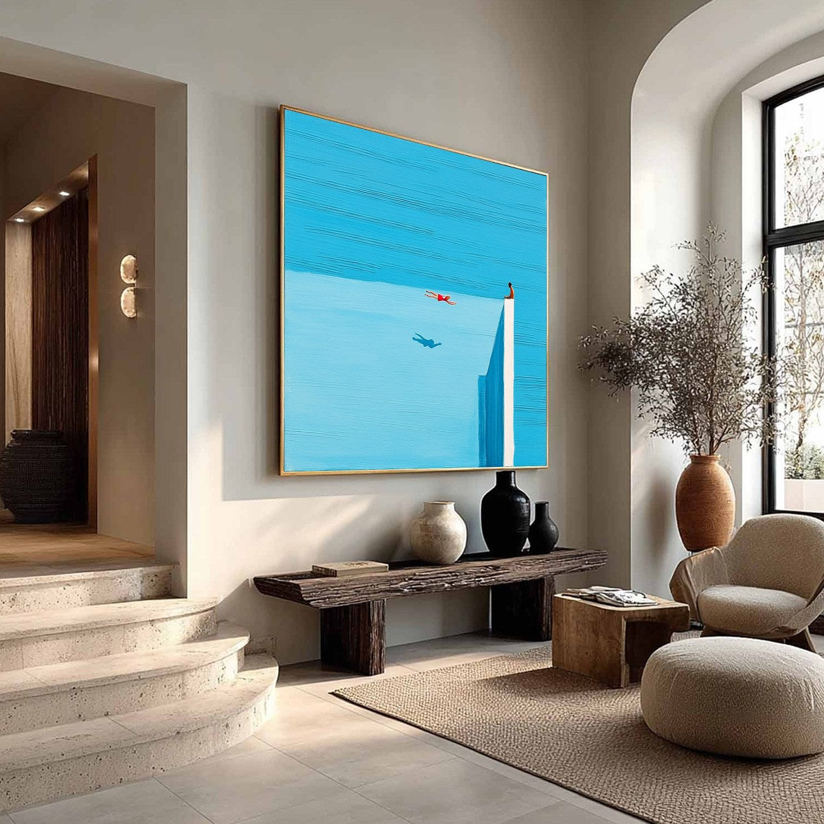 Minimalist blue seascape original oil painting 'Horizon's Edge' with figures, modern abstract wall art.