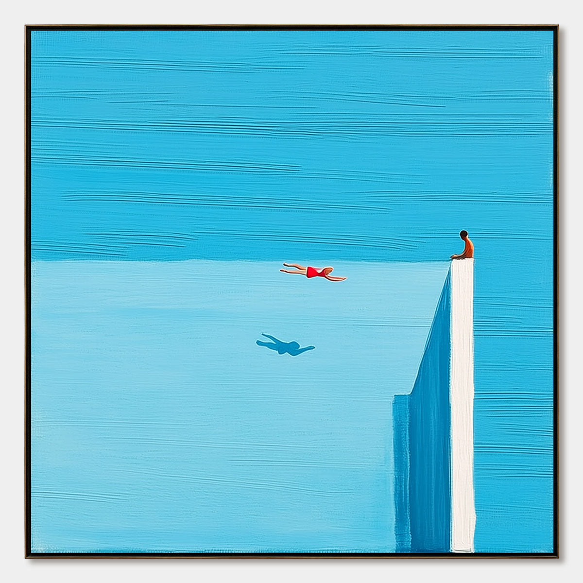 HORIZON'S EDGE: Minimalist Blue Seascape Painting with Figures