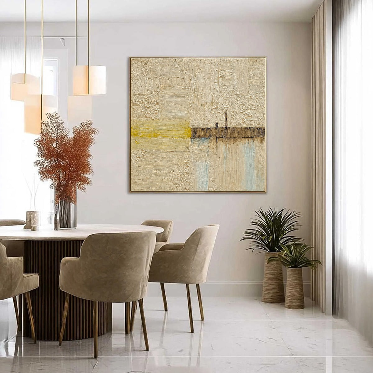 HORIZON'S EDGE original abstract painting, textured seascape, beige, yellow impasto.